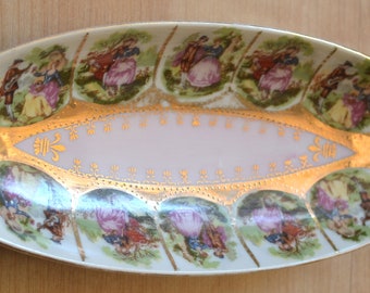 Courting Couple Vintage Porcelain Relish Dish, Royal Vienna Pink and Gold Gilt Oval Bowl 1102 with Beehive Logo