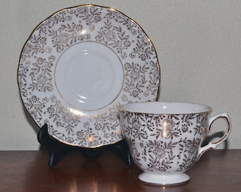 Royal Malvern Gold Floral Chintz Teacup and Saucer, Gold Flower Vintage, English Bone China