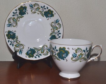 Vintage English Queen Anne Bone China Teacup, Saucer, Blue Floral Pattern 8401