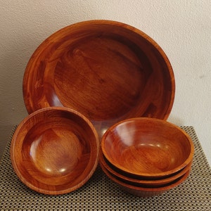Vintage Wooden Salad Bowl Set: Large Serving Bowl + 4 Small Bowls