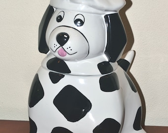 Pot à biscuits vintage en céramique représentant un chiot dalmatien avec une toque, de la société Lucky Yuppy Puppy Co.