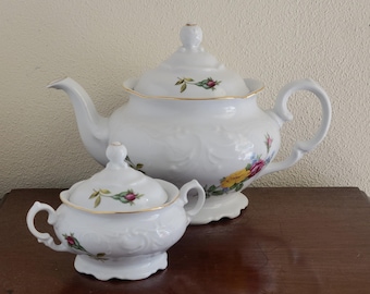 Théière vintage en porcelaine Krystoff avec sucrier, bouquet de roses, fabriquée en Pologne