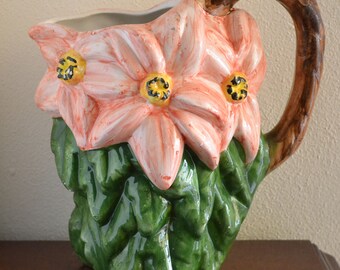 Pichet floral italien vintage en céramique, fabriqué en Italie dans les années 1960