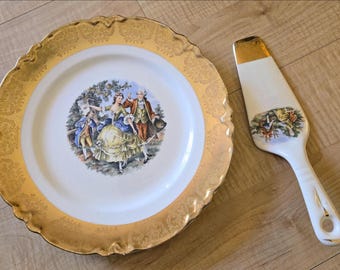 Plat à gâteau W.S. George portant les marques « Warranted » et « Ardalt ». Détails en or 22 carats. Pelle à gâteau incluse.