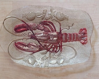 Plateau à homard avec coquillages et étoiles de poisson, verre texturé vintage rare