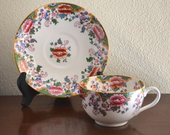 Tasse à thé et soucoupe vintage en porcelaine tendre anglaise ancienne, motif roseville Allerton