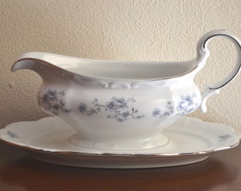 Saucière avec guirlande bleue Johann Haviland avec sous-plaque fixée