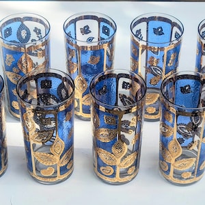 Highball Glasses, Vintage Blue and Gold Floral, Rare Cocktail Glasses, MCM Tumblers