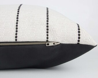 Cream & Black Striped Textured Long Lumbar Pillow Cover with Black Back // hand made home, black white, modern metal zipper, boho