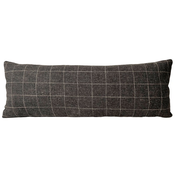 Charcoal Grey & Cream Check Long Lumbar Pillow Cover, 14x36" // handmade throw pillow, dark gray brown cream, modern minimalist home decor