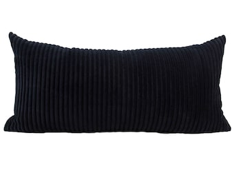 Black Channel Velvet Lumbar Pillow Cover // hand made black textured throw pillow with modern metal zipper