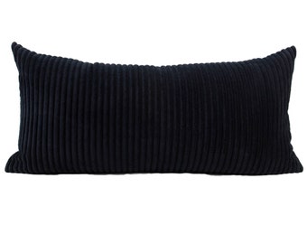 Black Channel Velvet Lumbar Pillow Cover // hand made black textured throw pillow with modern metal zipper