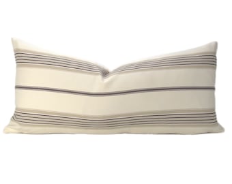 Cream, Beige & Black Striped Lumbar Pillow Cover, 14x20" // hand made throw pillow with modern silver zipper