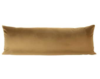 Camel Velvet Long Lumbar Pillow Cover // 14x36" warm golden tan throw pillow with modern brass zipper