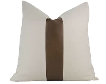 Faux Vegan Leather & Beige Color Block Stripe Pillow Cover, 20x20" // handmade throw pillow, modern brass metal zipper, boho home decor
