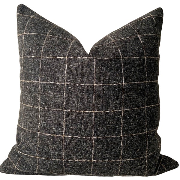 Charcoal Grey & Cream Check Pillow Cover // hand made throw pillow, black white gray, modern metal zipper, boho decor