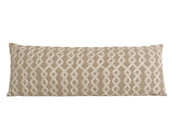 Beige Embroidered Long Lumbar Pillow Cover, 14x36" // hand made lumbar throw pillow, modern metal zipper, neutral home decor