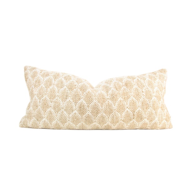 Beige, Tan & White Organic Leaf Pillow Cover, lumbar // 12x24" and 14x20" hand made warm neutral throw pillow with brass/invisible zipper