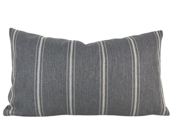Grey Woven Striped Textured Pillow Cover, 12x20" // hand made throw pillow, gray lumbar pillow with modern metal zipper, casual boho decor