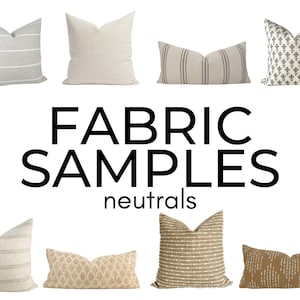 May include: A collection of eight fabric samples in neutral colours. The samples are arranged in two rows of four. The samples are all different textures and patterns. The text "FABRIC SAMPLES" and "neutrals" is displayed below the samples.