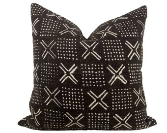 Black Mudcloth Pillow Cover, 20x20" // hand made throw pillow crafted from authentic woven African mud cloth with exposed metal zipper