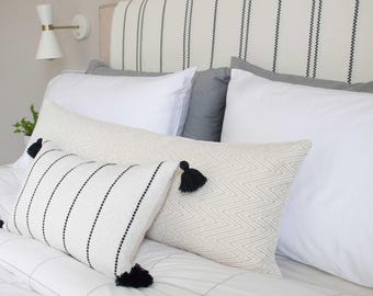 Cream & Black Striped Tassels Pillow Cover // hand made throw pillow with metal zipper, black white, modern home decor, boho lumbar cushion