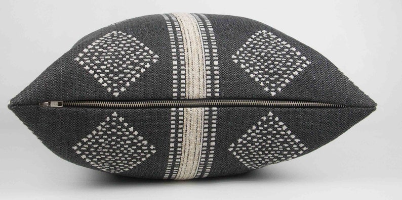 Charcoal Grey & Cream Tribal Pillow Cover 20, double sided // hand made throw pillow, black white gray, modern metal zipper, boho decor image 3