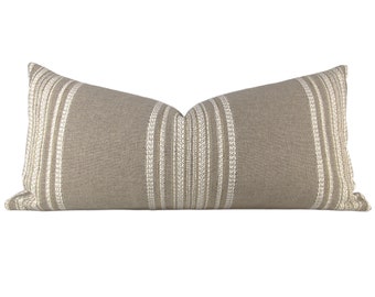 Beige Multi-stripe Lumbar Pillow Cover, 12x24" // handmade neutral tan and cream striped lumbar pillow