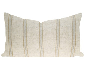 Oatmeal & Gold Striped Pillow Cover, 12x20" lumbar // hand made home, warm neutral throw pillow with modern brass zipper, home decor, boho
