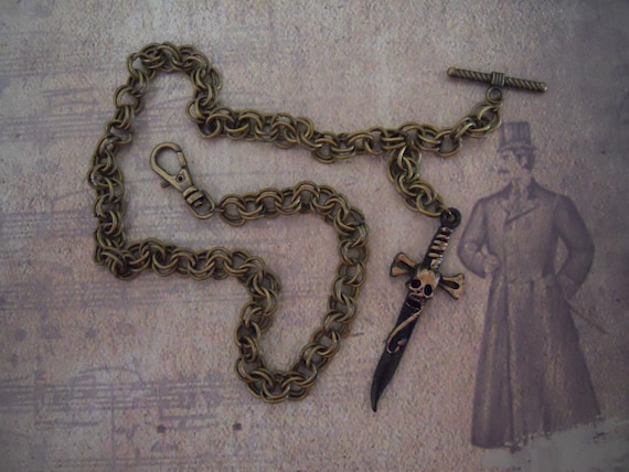 Pocket Watch Chain Handmade Chunky Vintage Antiqued Brass Chain Black Sword Gold Skull Fob Charm Gift for Him Men's Accessory Steampunk