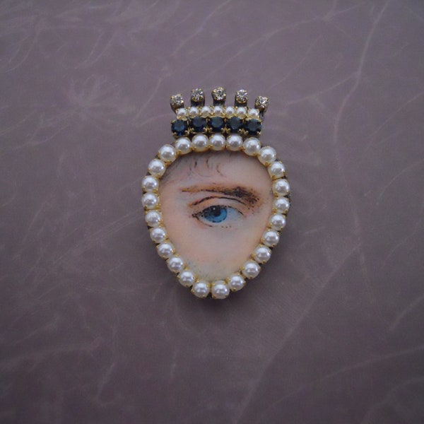 Lover's Eye Brooch Pin Georgian Antique Look Hand Embellished Jeweled Crown Faux Pearls Sapphire Blue Rhinestones Victorian Love Token