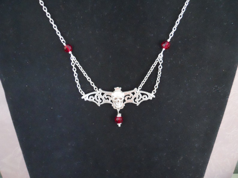 Skull and Filigree Bat Silver Tone Necklace Red Faceted Beads | Etsy