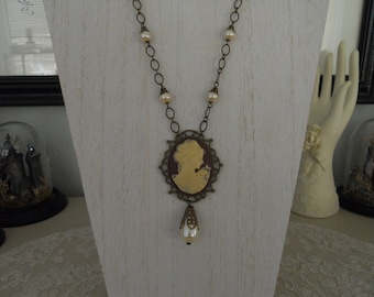 Victorian Inspired Large Cameo Necklace Vintage Faux Pearls Antique Brass Filigree Setting Handmade Necklace Adjustable Length Gift for Her