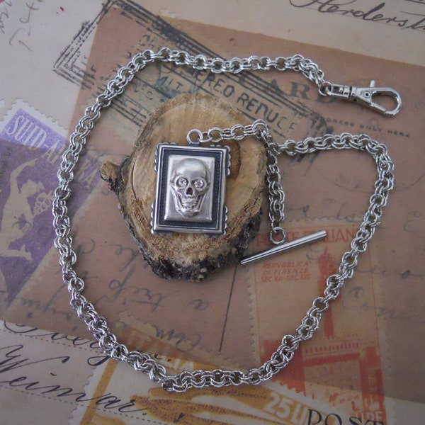 Pocket Watch Chain Fancy Antique Silver Tone Vintage Chain Skull Fob Charm Handmade Memento Mori Gothic Steampunk Men's Accessories