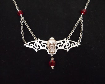 Skull and Filigree Bat Silver Tone Necklace Red Faceted Beads Gothic Steampunk Memento Mori Halloween