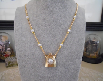 Vintage Art Deco Style Bottle Vial Pendant Necklace Gold Tone Faux Pearl Clear Rhinestones Pearls on Chain Bottle Opens Gift for Her