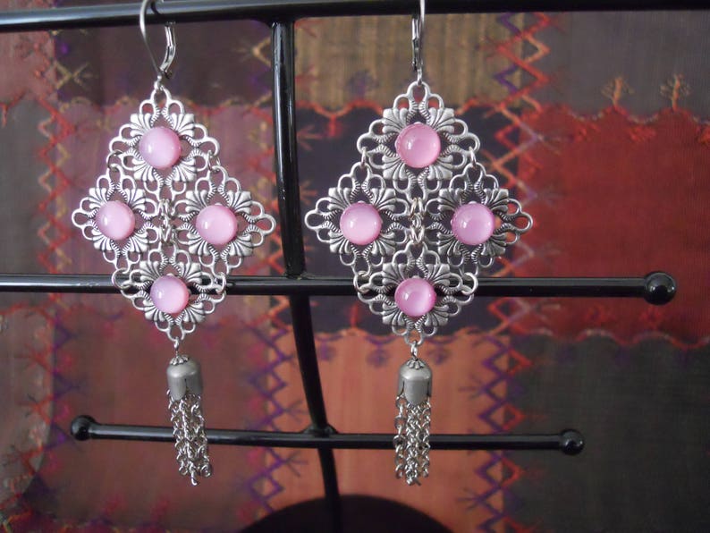 Romantic Earrings Antique Silvertone Filigrees Vintage Pink Stones Tassels Boho