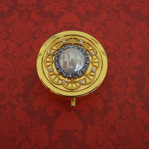 Hand Embellished Pill Box Pillbox Compact Vintage Baroque Faux Pearl Blue Rhinestones Gold Tone Lady&#39;s Accessories