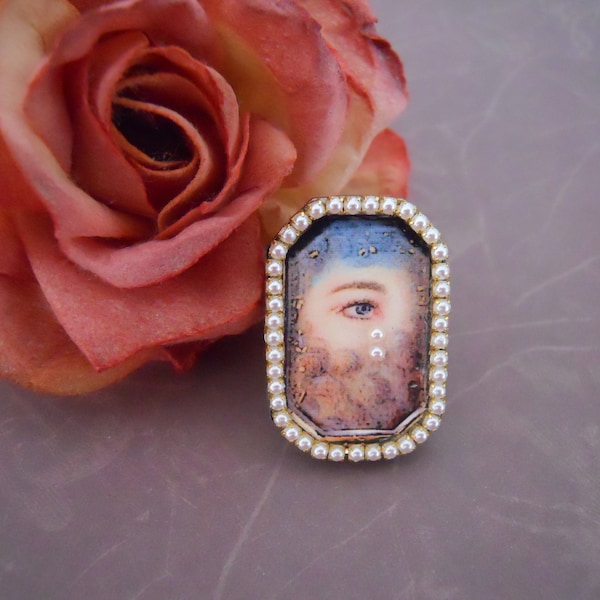 Lover's Eye Ring Georgian Antique Inspired Hand Embellished Faux Pearls Teardrop Mourning Ring Memento Mori Handmade Adjustable