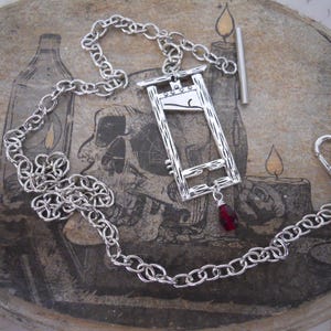 Gothic Antique Silver Tone Pocket Watch Chain and Guillotine Fob Red Glass Blood Drop Steampunk Men's Accessory