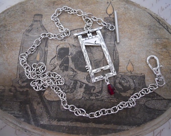Gothic Antique Silver Tone Pocket Watch Chain and Guillotine Fob Red Glass Blood Drop Steampunk Men's Accessory