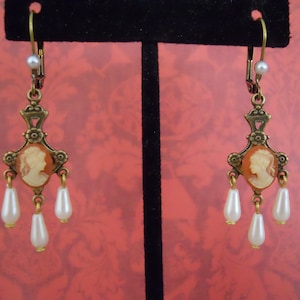 Cameo Pearl Teardrop Earrings Victorian Edwardian Antique Style Vintage Assemblage Antique Brass