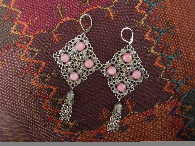 Romantic Earrings Antique Silvertone Filigrees Vintage Pink Stones Tassels Boho