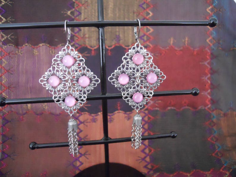 Romantic Earrings Antique Silvertone Filigrees Vintage Pink Stones Tassels Boho