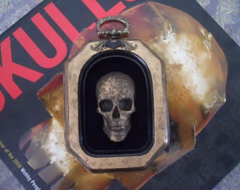 Hand Painted Skull on Black Velvet Gold and Black Vintage Frame Tiny Bat Embellishment Spooky Elegance Gothic Art
