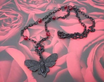 Spooky Black Death's Head Moth Necklace Blood Red Crystals Filigree Skull Face Witchy Vampire Halloween