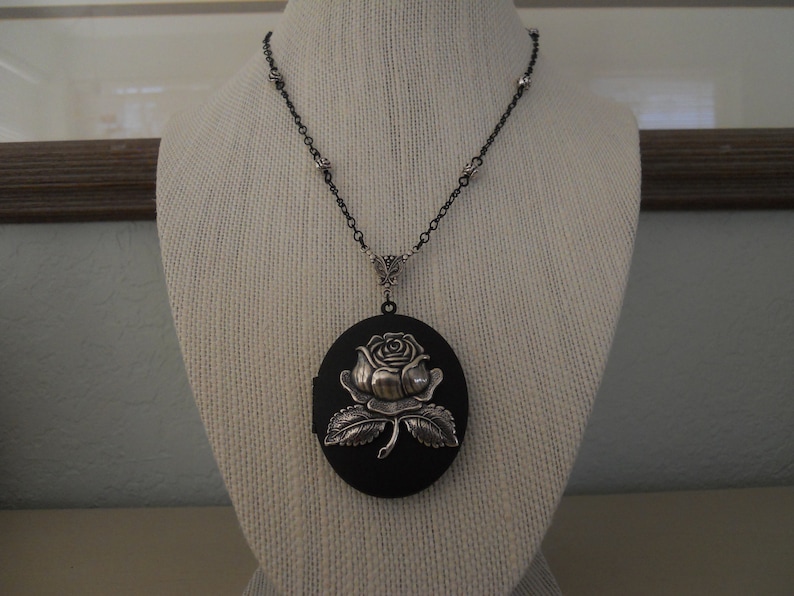 Large Black Locket Necklace Amazing Silver Rose Handmade Fancy Black Chain Rose Beads Victorian Mourning Memento Mori Romantic