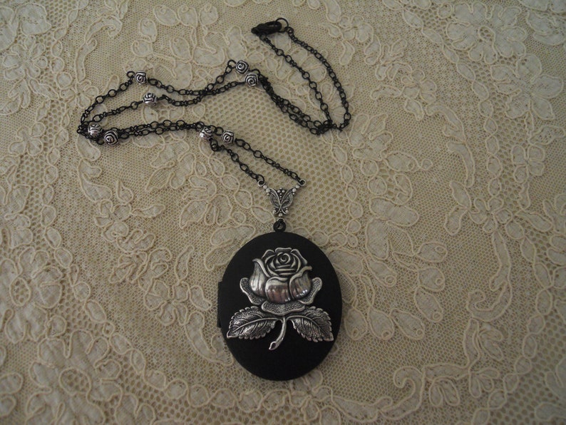 Large Black Locket Necklace Amazing Silver Rose Handmade Fancy Black Chain Rose Beads Victorian Mourning Memento Mori Romantic