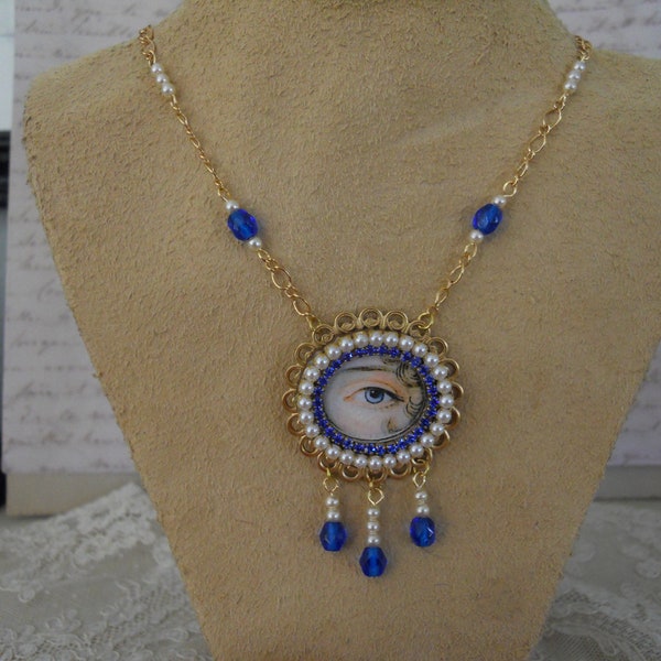 Antique Georgian Inspired Lover's Eye Necklace Sapphire Blue Rhinestones and Beads Vintage Faux Pearls Drops Filigree Victorian Love Token