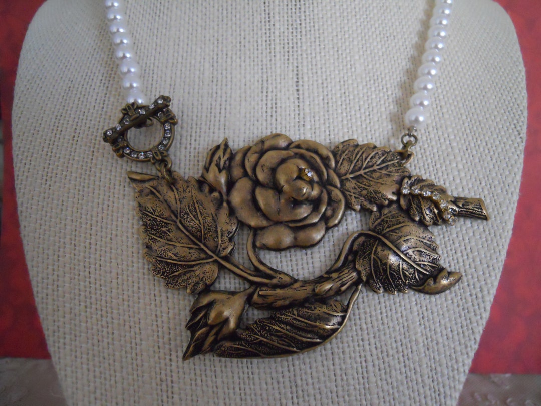 Statement Necklace Antique Brass Roses and Leaves Vintage - Etsy